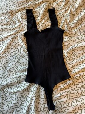 Black Ribbed Sweetheart Neckline One-Piece Bodysuit